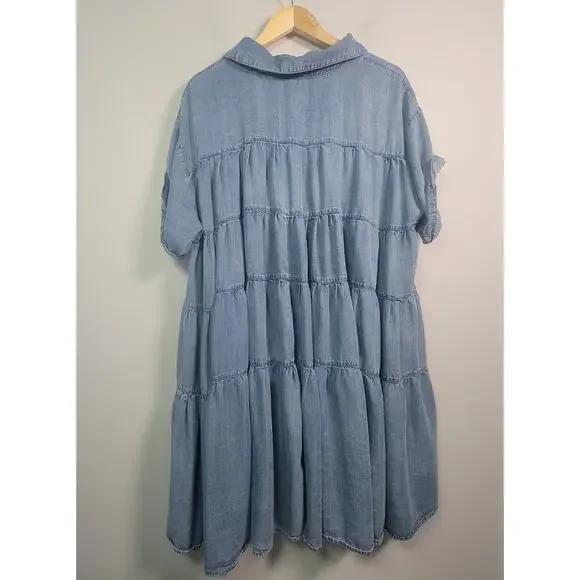 Oli & Hali Womens L Chambray Tiered Babydoll Dress Short Sleeve Blue - Picture 2 of 10